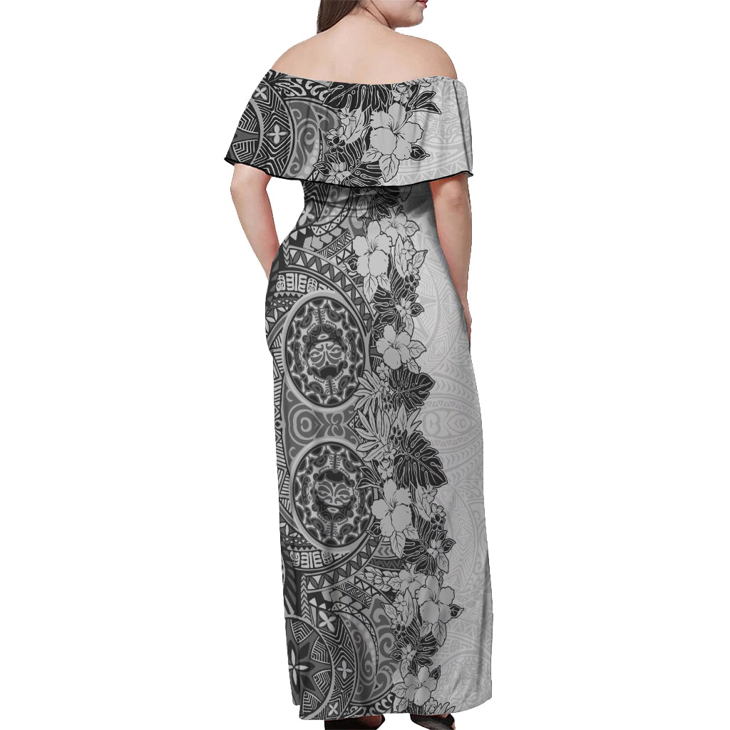 Polynesia Off Shoulder Maxi Dress Hibiscus and Hawaiian Tribal Tattoo Retro Style Gray Color LT9 - Polynesian Pride