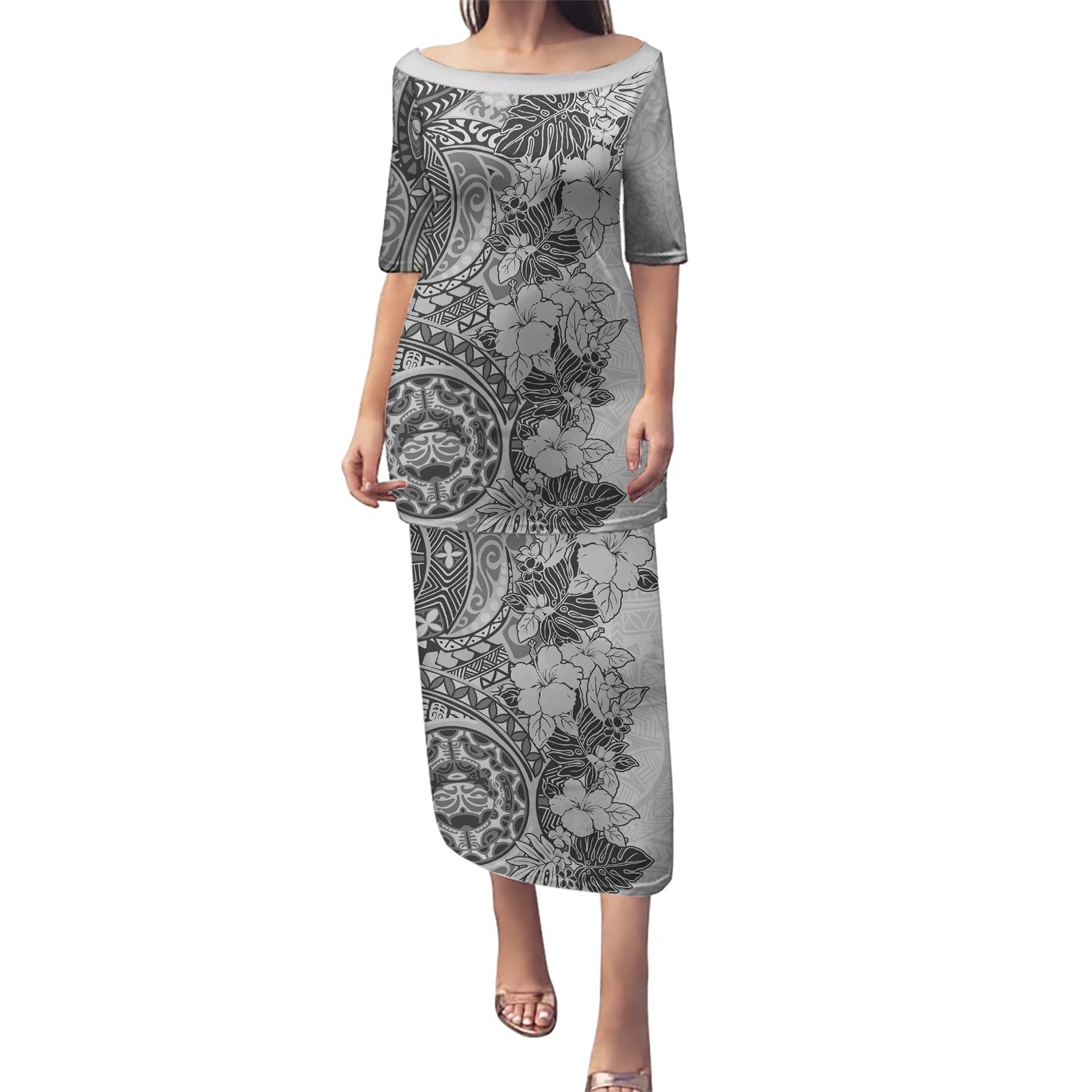 Polynesia Puletasi Hibiscus and Hawaiian Tribal Tattoo Retro Style Gray Color LT9 Long Dress Gray - Polynesian Pride