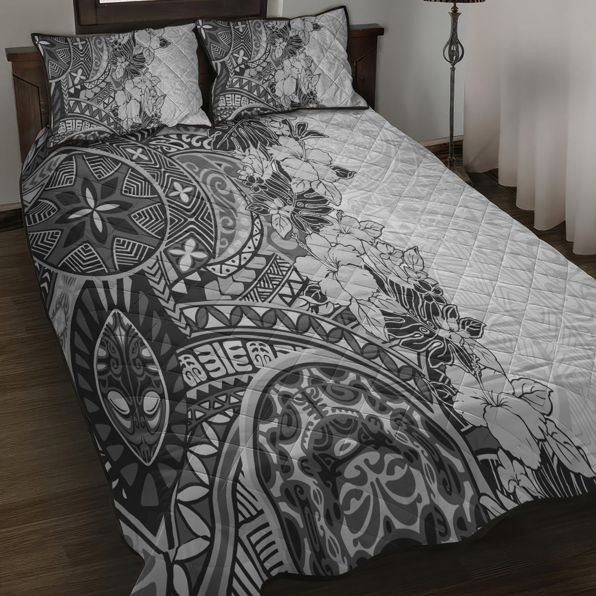 Polynesia Quilt Bed Set Hibiscus and Hawaiian Tribal Tattoo Retro Style Gray Color LT9 - Polynesian Pride