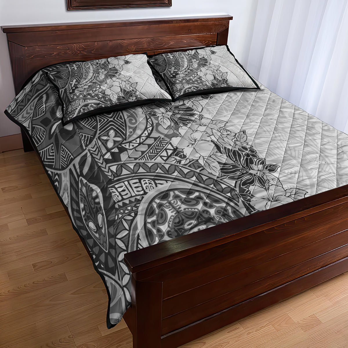 Polynesia Quilt Bed Set Hibiscus and Hawaiian Tribal Tattoo Retro Style Gray Color LT9 - Polynesian Pride