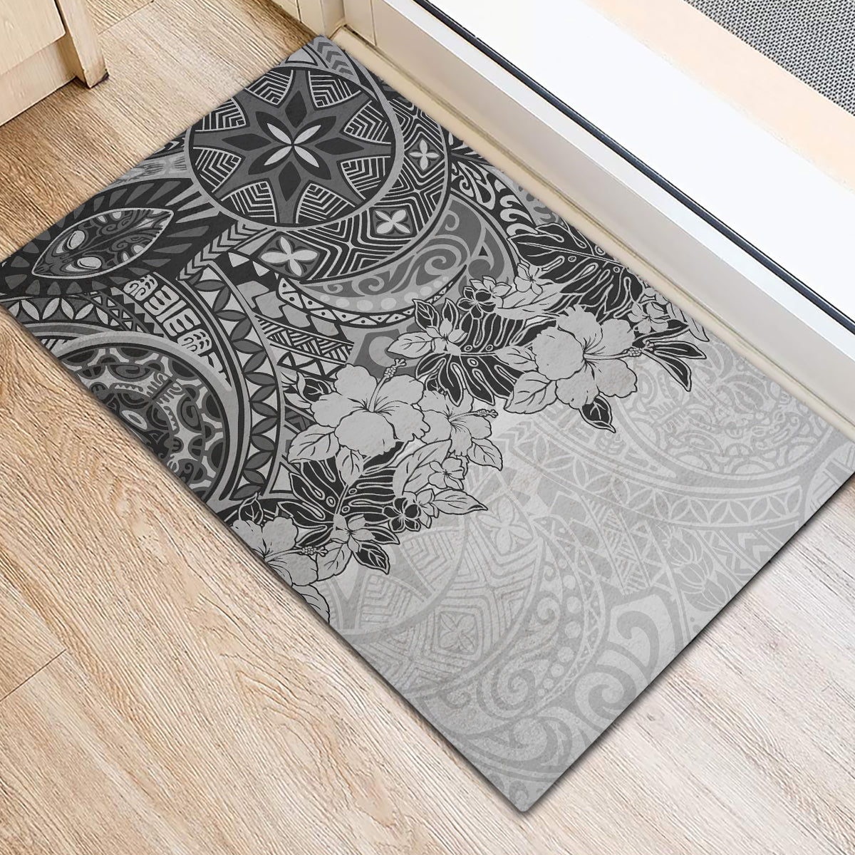 Polynesia Rubber Doormat Hibiscus and Hawaiian Tribal Tattoo Retro Style Gray Color LT9 - Polynesian Pride