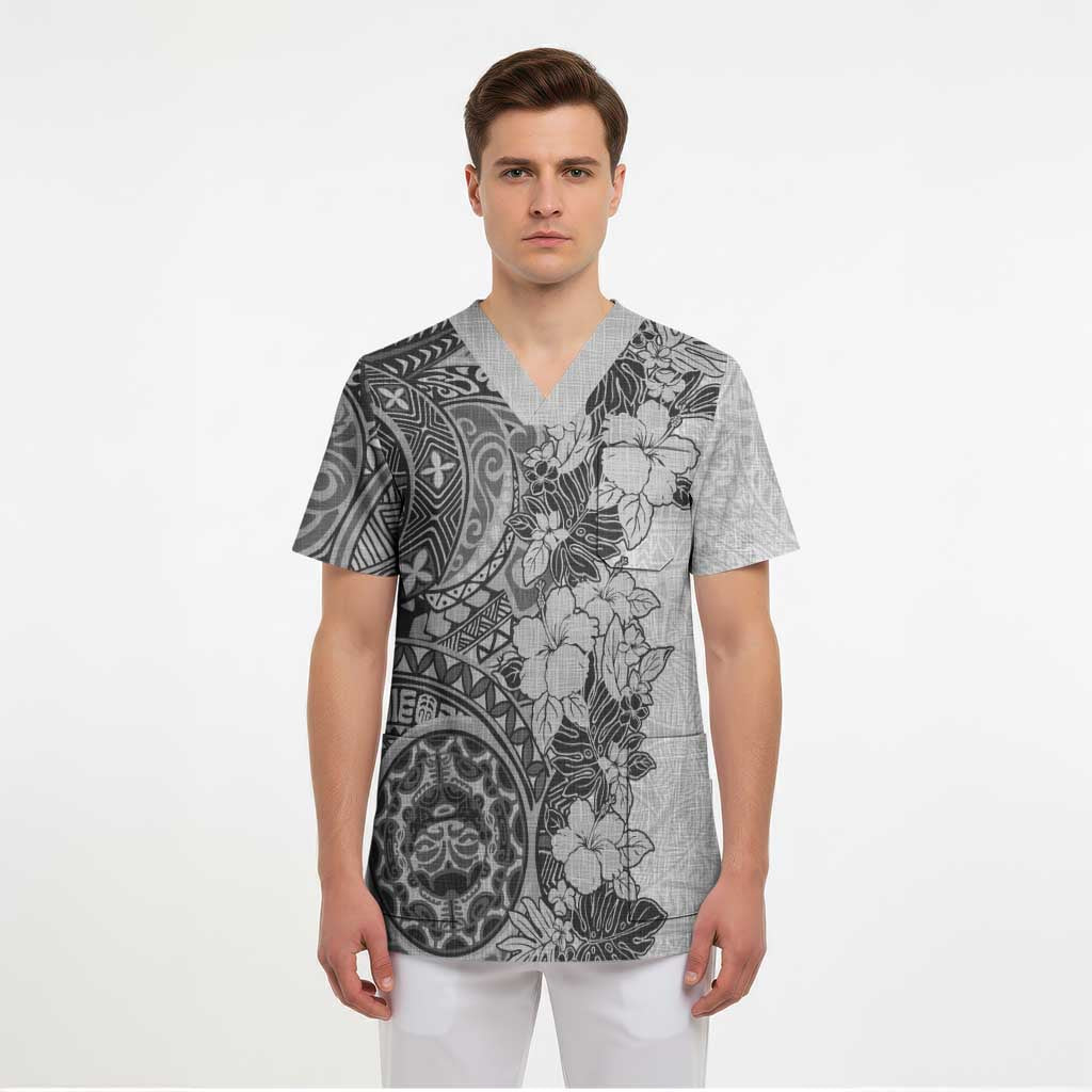 Polynesia Scrub Top Hibiscus Hawaiian Tribal Tattoo Retro Gray - Polynesian Pride