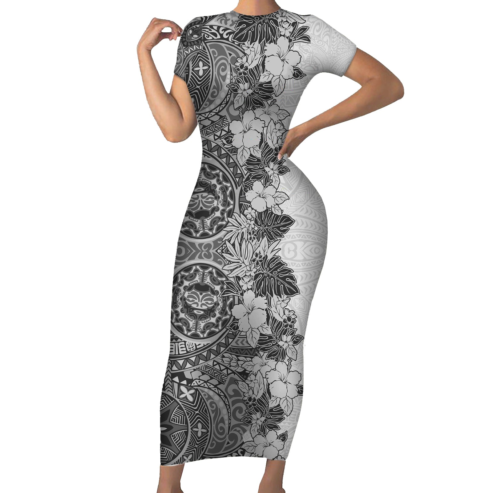 Polynesia Short Sleeve Bodycon Dress Hibiscus and Hawaiian Tribal Tattoo Retro Style Gray Color LT9 Long Dress Gray - Polynesian Pride
