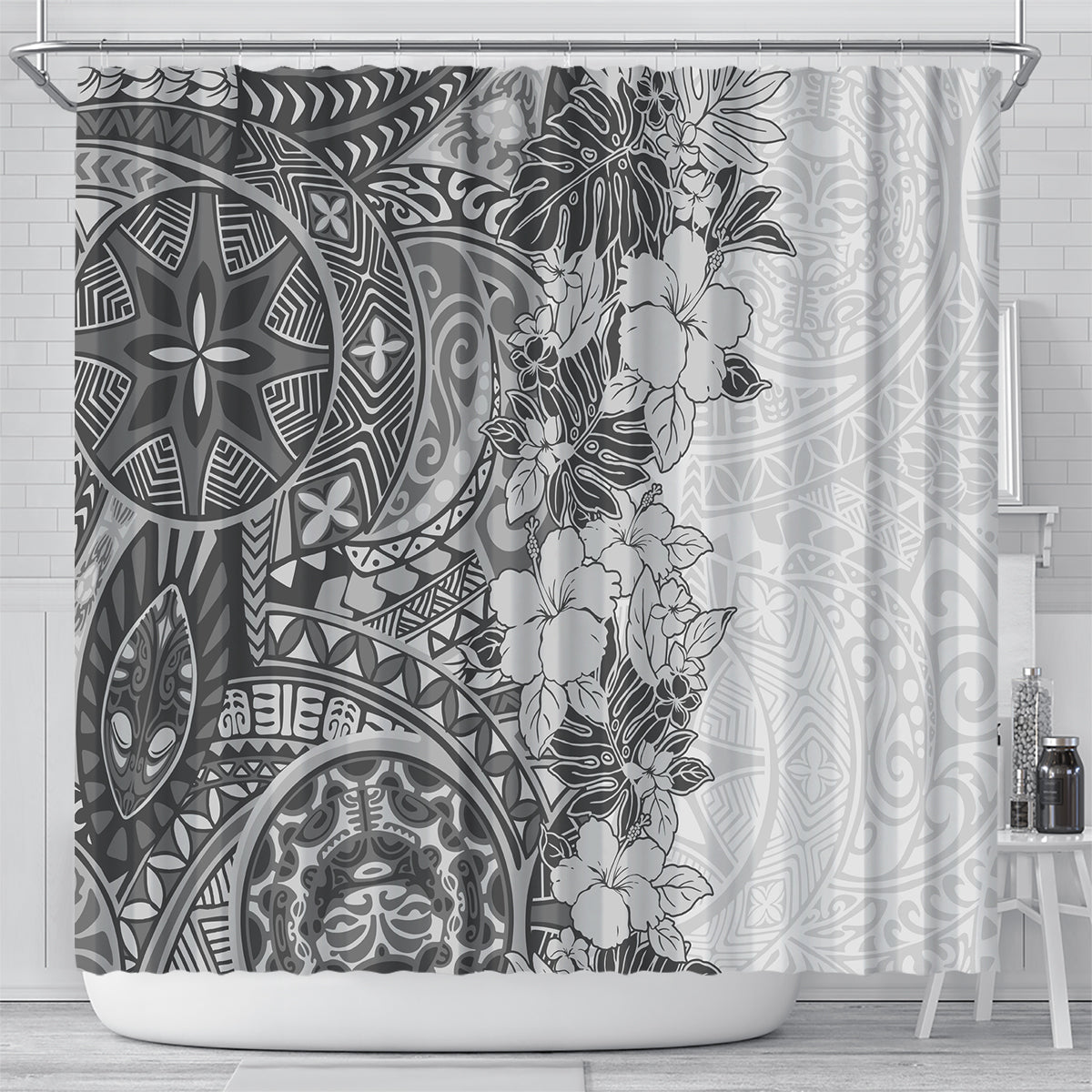 Polynesia Shower Curtain Hibiscus and Hawaiian Tribal Tattoo Retro Style Gray Color LT9 - Polynesian Pride