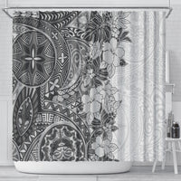 Polynesia Shower Curtain Hibiscus and Hawaiian Tribal Tattoo Retro Style Gray Color LT9 - Polynesian Pride