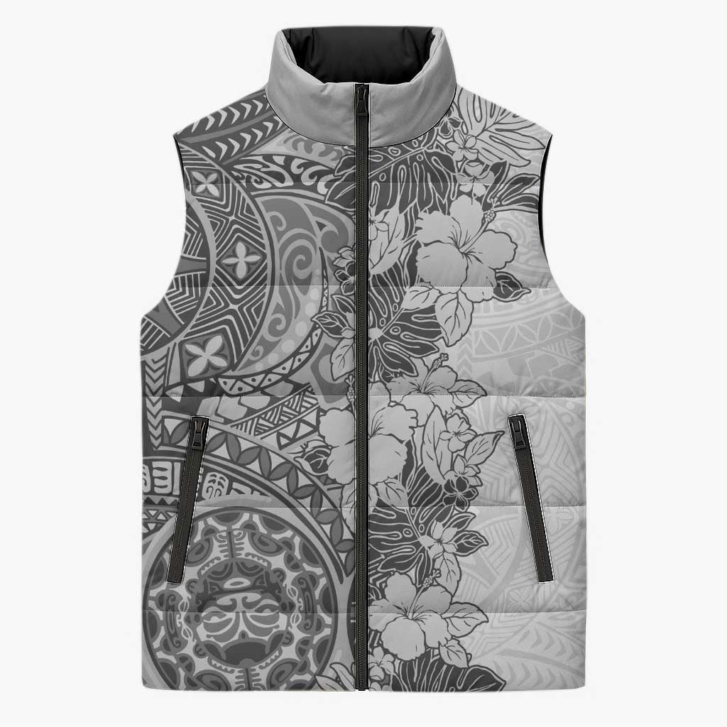Polynesia Sleeveless Puffer Jacket Hibiscus Hawaiian Tribal Tattoo Retro Gray - Polynesian Pride