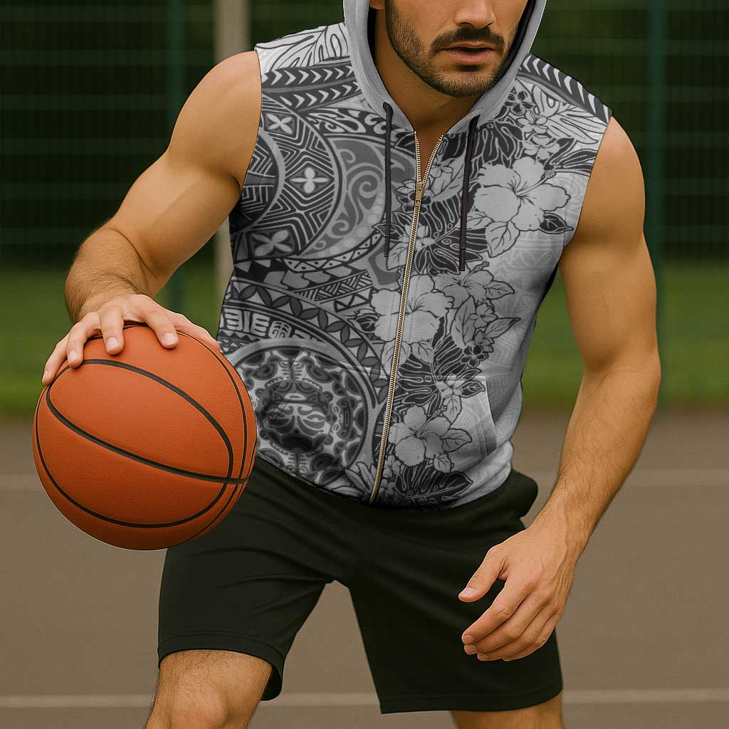 Polynesia Sleeveless Zip Hoodie Hibiscus Hawaiian Tribal Tattoo Retro Gray - Polynesian Pride