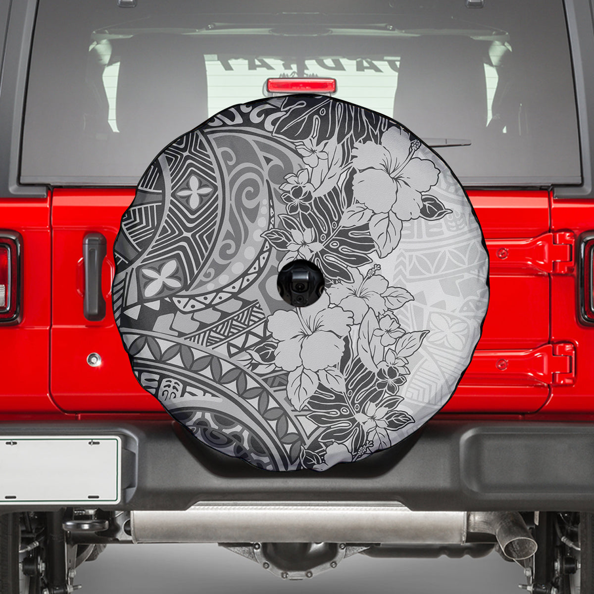 Polynesia Spare Tire Cover Hibiscus and Hawaiian Tribal Tattoo Retro Style Gray Color LT9 - Polynesian Pride