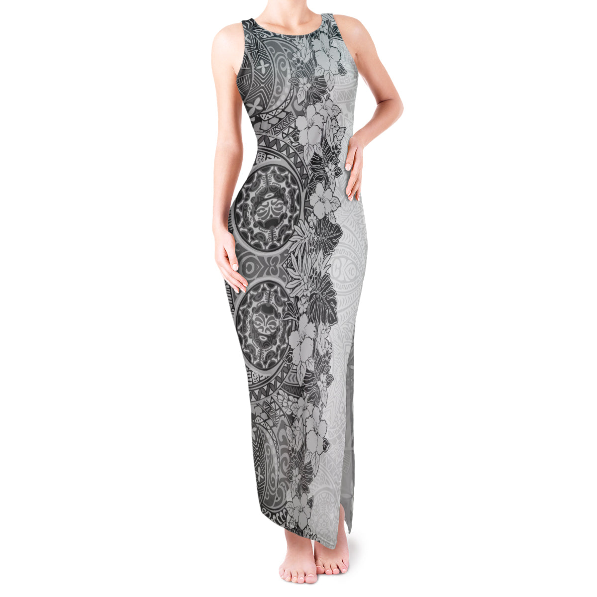 Polynesia Tank Maxi Dress Hibiscus and Hawaiian Tribal Tattoo Retro Style Gray Color LT9 Women Gray - Polynesian Pride