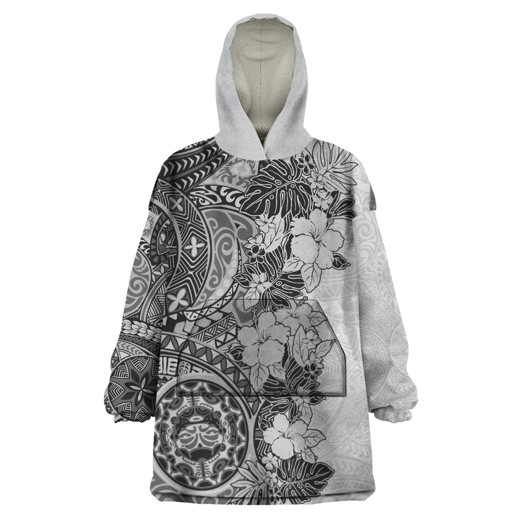 Polynesia Wearable Blanket Hoodie Hibiscus and Hawaiian Tribal Tattoo Retro Style Gray Color LT9 One Size Gray - Polynesian Pride