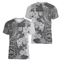 Polynesia Women V Neck T Shirt Hibiscus and Hawaiian Tribal Tattoo Retro Style Gray Color LT9 - Polynesian Pride