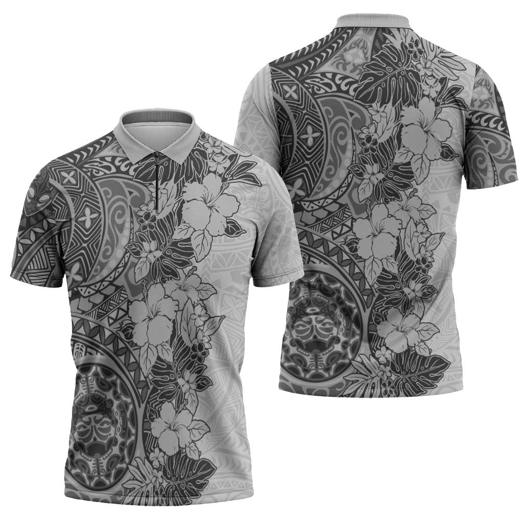 Polynesia Zipper Polo Shirt Hibiscus Hawaiian Tribal Tattoo Retro Gray - Polynesian Pride