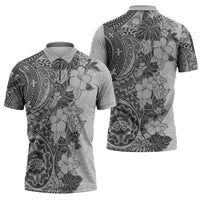 Polynesia Zipper Polo Shirt Hibiscus Hawaiian Tribal Tattoo Retro Gray - Polynesian Pride