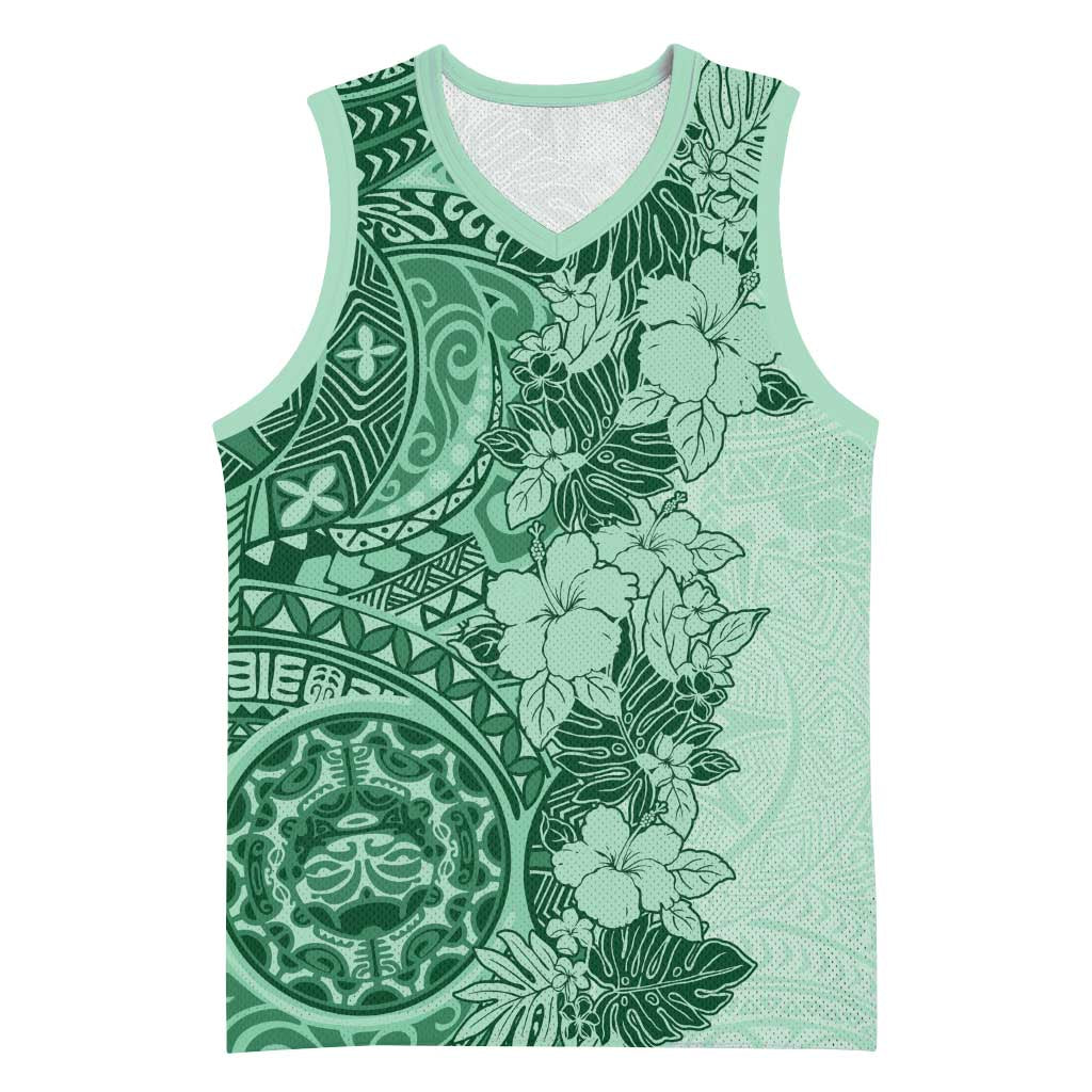 Polynesia Basketball Jersey Hibiscus Hawaiian Tribal Tattoo Retro Green - Polynesian Pride