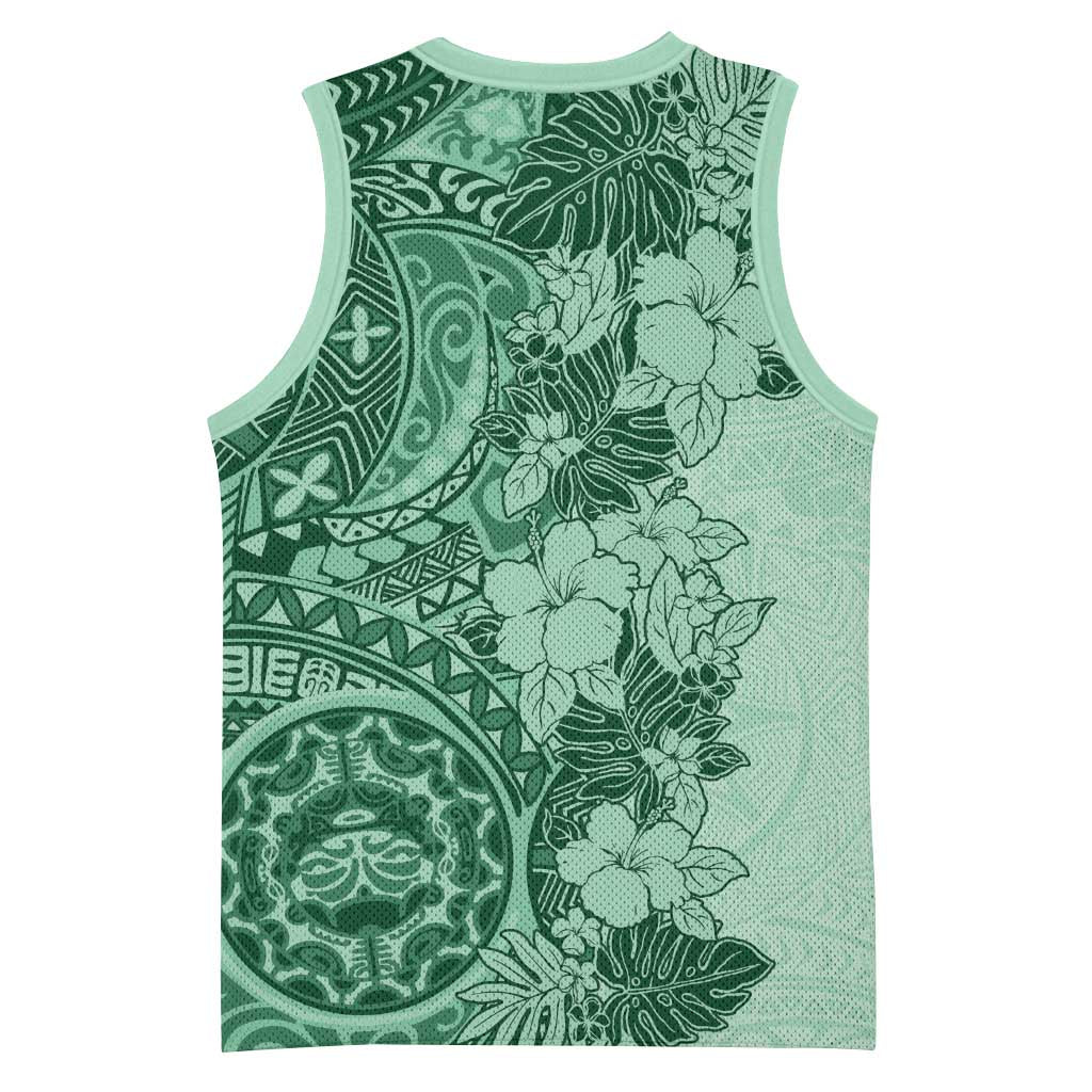 Polynesia Basketball Jersey Hibiscus Hawaiian Tribal Tattoo Retro Green - Polynesian Pride