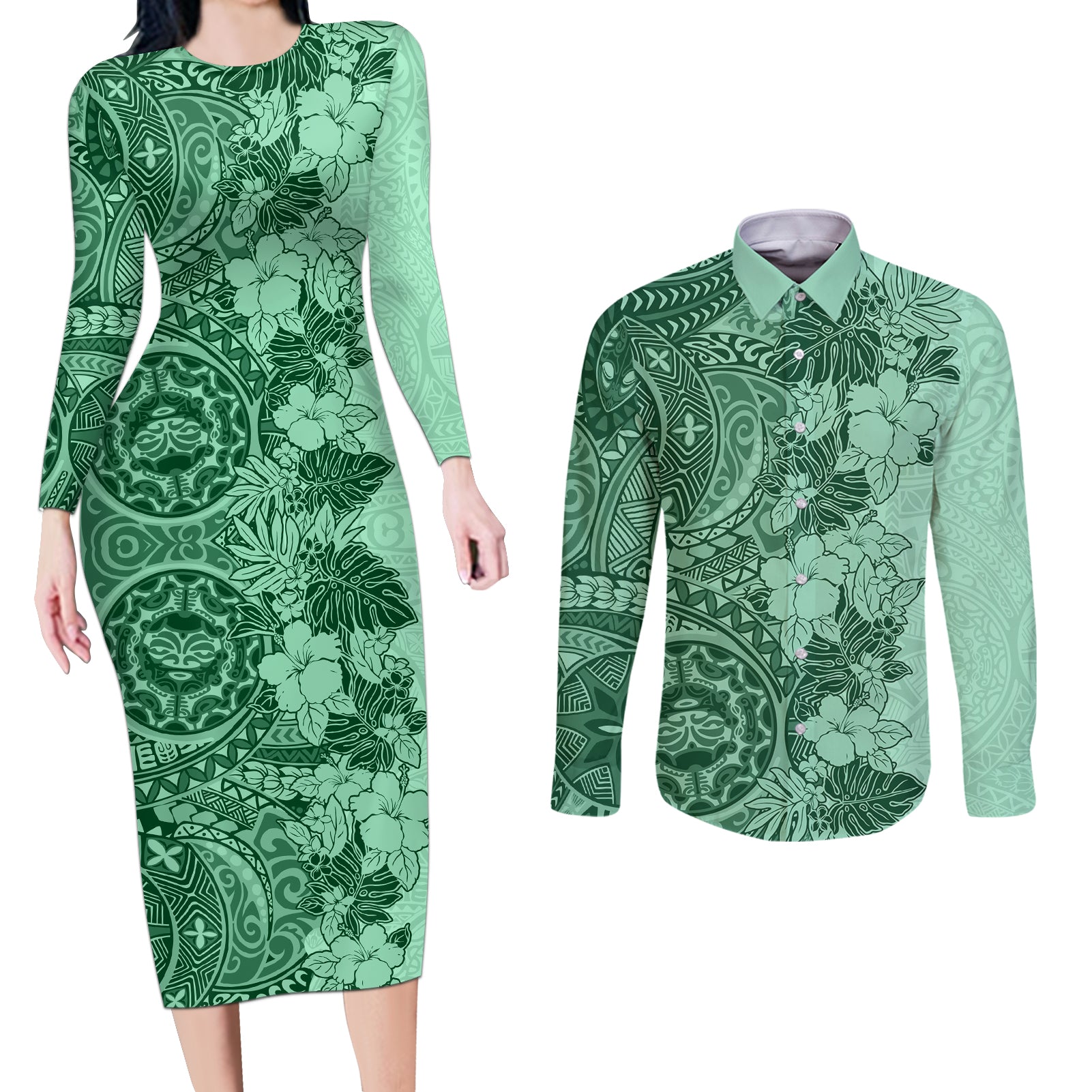 Polynesia Couples Matching Long Sleeve Bodycon Dress and Long Sleeve Button Shirt Hibiscus and Hawaiian Tribal Tattoo Retro Style Green Color LT9 Green - Polynesian Pride