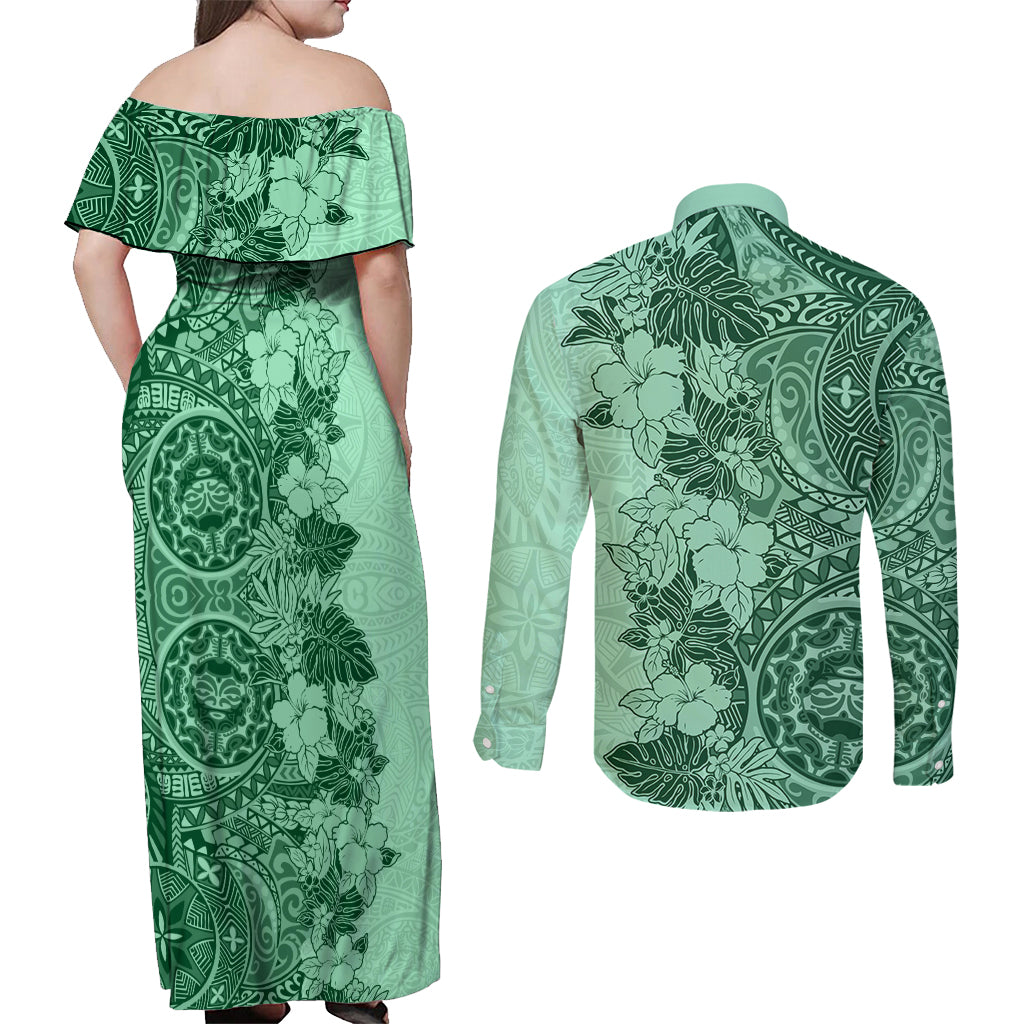 Polynesia Couples Matching Off Shoulder Maxi Dress and Long Sleeve Button Shirt Hibiscus and Hawaiian Tribal Tattoo Retro Style Green Color LT9 - Polynesian Pride