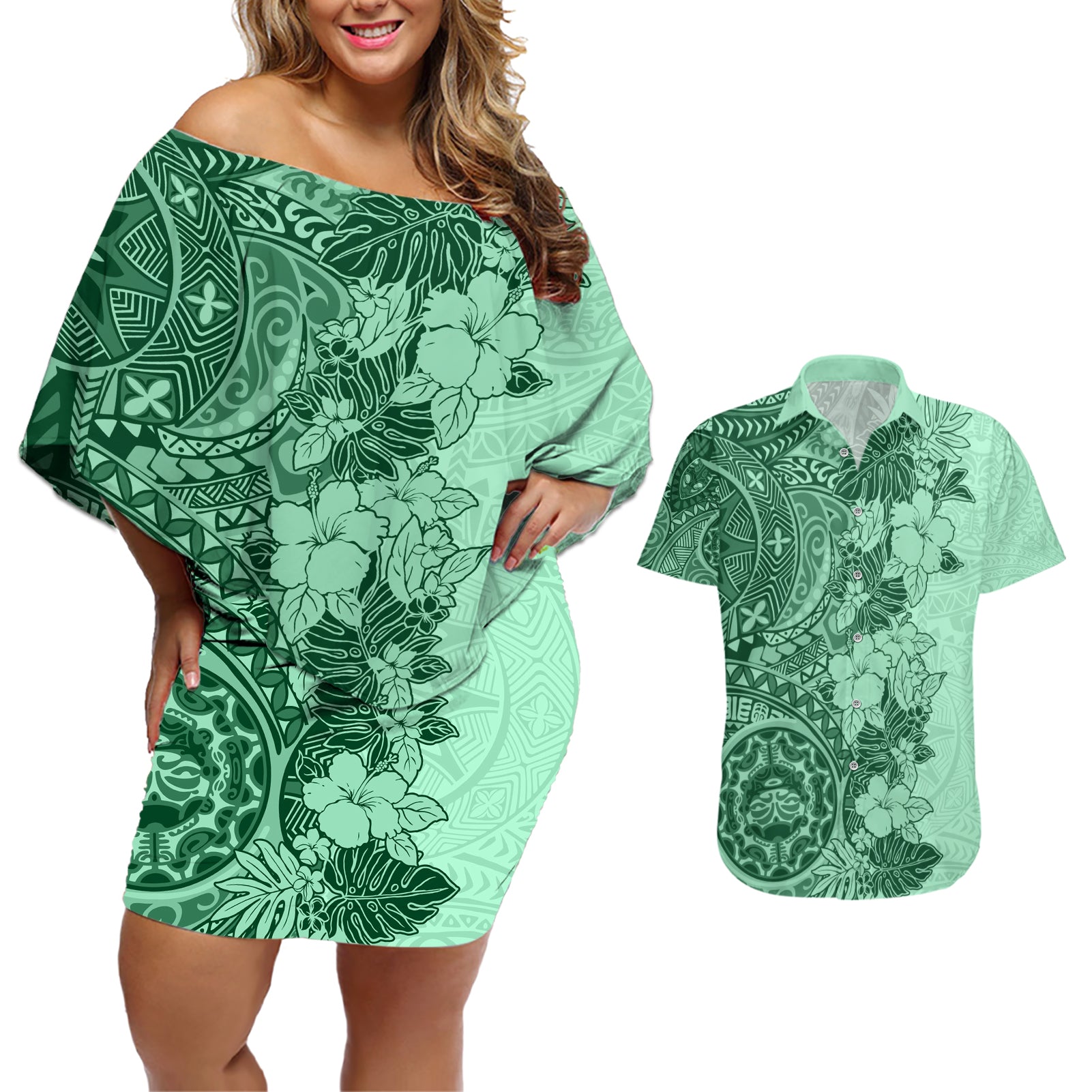 Polynesia Couples Matching Off Shoulder Short Dress and Hawaiian Shirt Hibiscus and Hawaiian Tribal Tattoo Retro Style Green Color LT9 Green - Polynesian Pride