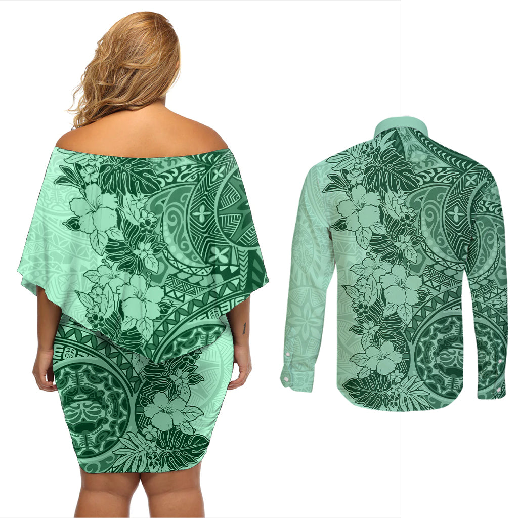 Polynesia Couples Matching Off Shoulder Short Dress and Long Sleeve Button Shirt Hibiscus and Hawaiian Tribal Tattoo Retro Style Green Color LT9 - Polynesian Pride