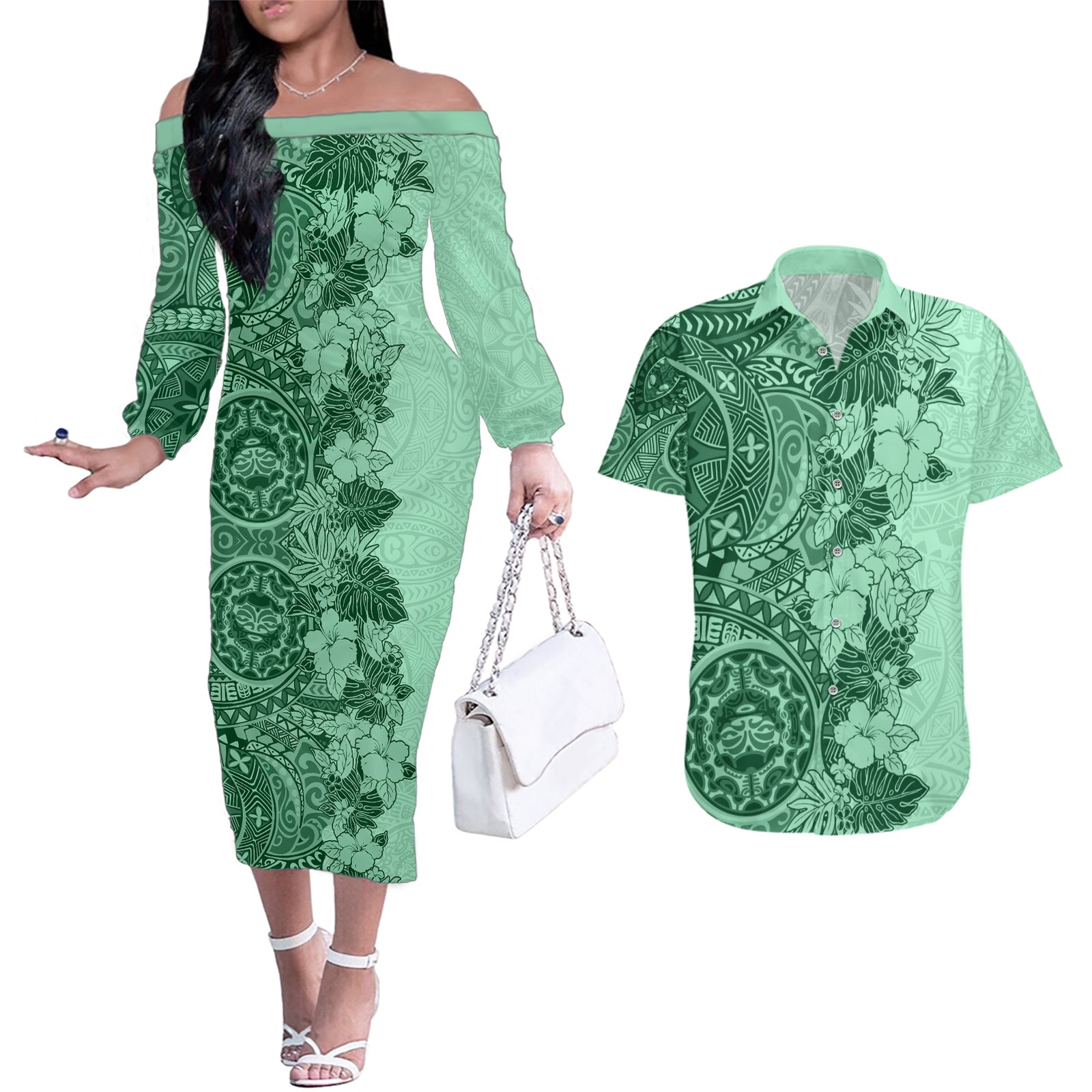 Polynesia Couples Matching Off The Shoulder Long Sleeve Dress and Hawaiian Shirt Hibiscus and Hawaiian Tribal Tattoo Retro Style Green Color LT9 Green - Polynesian Pride