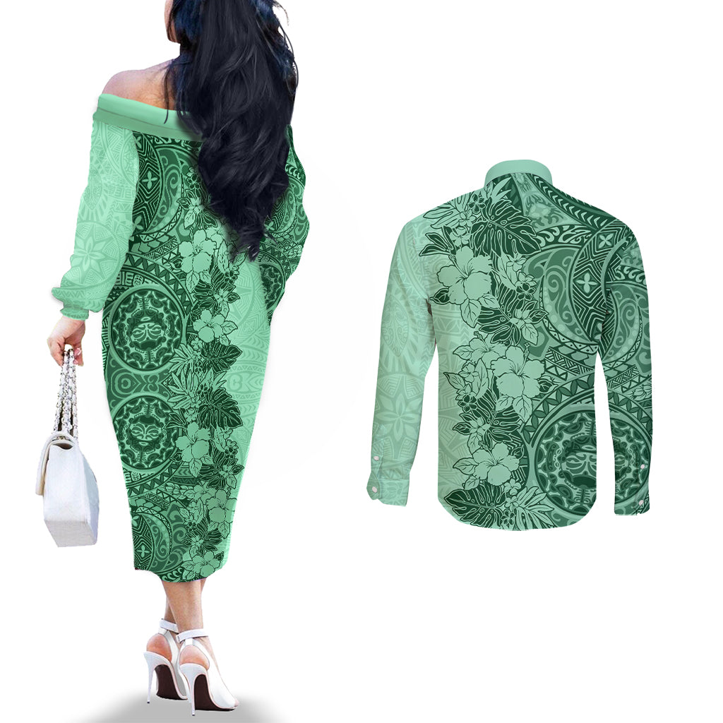Polynesia Couples Matching Off The Shoulder Long Sleeve Dress and Long Sleeve Button Shirt Hibiscus and Hawaiian Tribal Tattoo Retro Style Green Color LT9 - Polynesian Pride