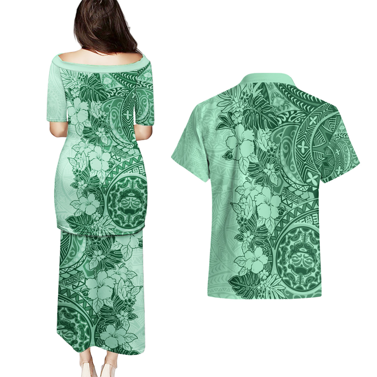 Polynesia Couples Matching Puletasi Dress and Hawaiian Shirt Hibiscus and Hawaiian Tribal Tattoo Retro Style Green Color LT9 - Polynesian Pride