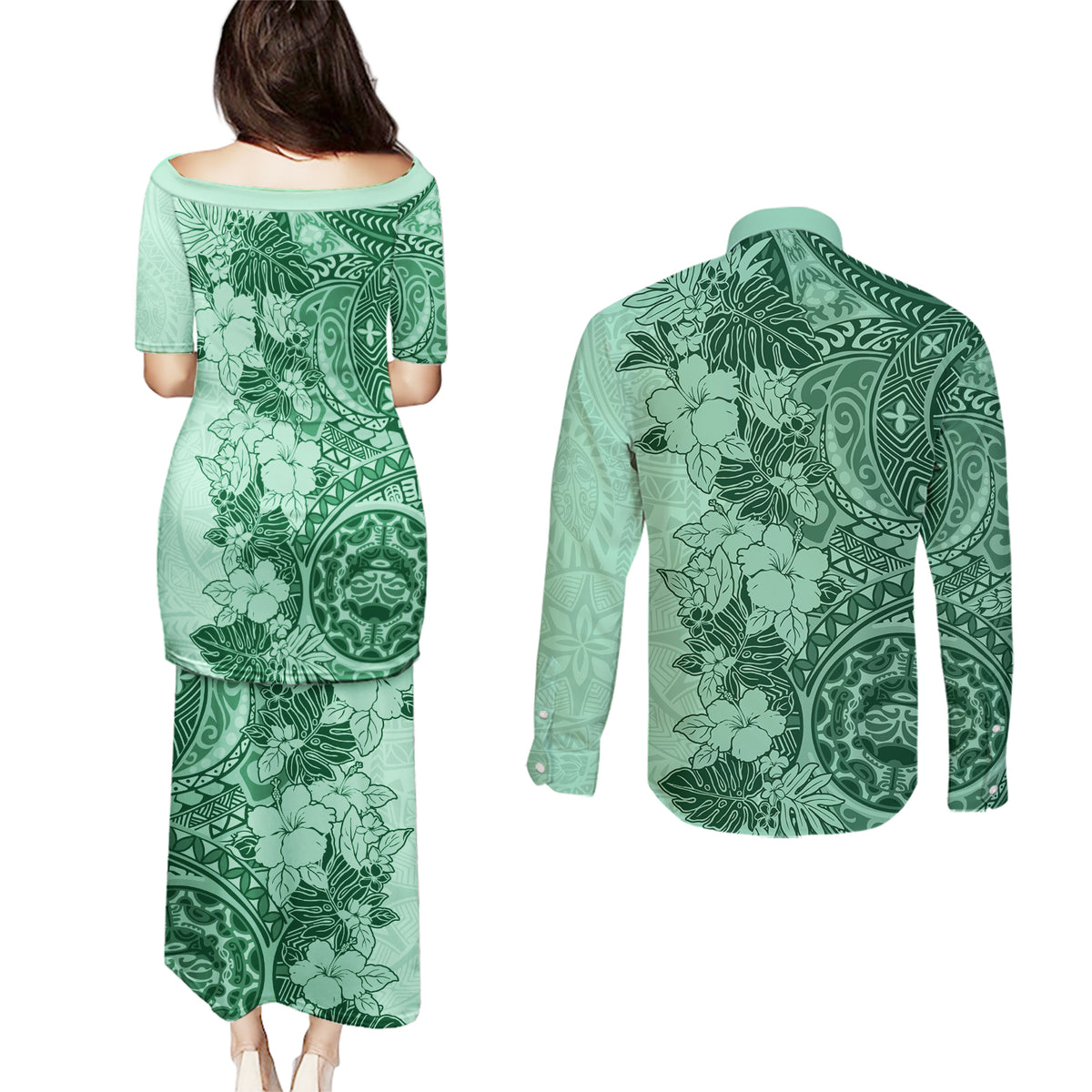 Polynesia Couples Matching Puletasi Dress and Long Sleeve Button Shirt Hibiscus and Hawaiian Tribal Tattoo Retro Style Green Color LT9 - Polynesian Pride
