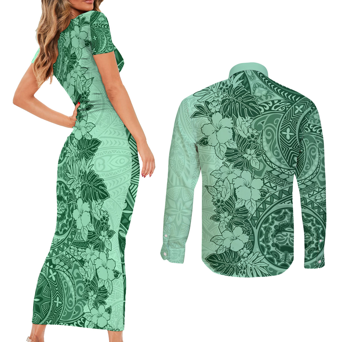 Polynesia Couples Matching Short Sleeve Bodycon Dress and Long Sleeve Button Shirt Hibiscus and Hawaiian Tribal Tattoo Retro Style Green Color LT9 - Polynesian Pride