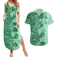 Polynesia Couples Matching Summer Maxi Dress and Hawaiian Shirt Hibiscus and Hawaiian Tribal Tattoo Retro Style Green Color LT9 Green - Polynesian Pride