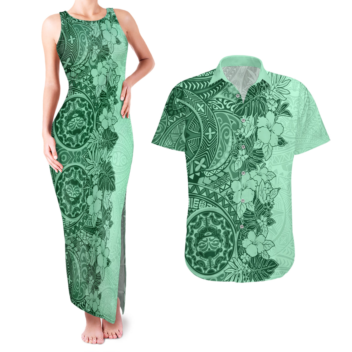 Polynesia Couples Matching Tank Maxi Dress and Hawaiian Shirt Hibiscus and Hawaiian Tribal Tattoo Retro Style Green Color LT9 Green - Polynesian Pride
