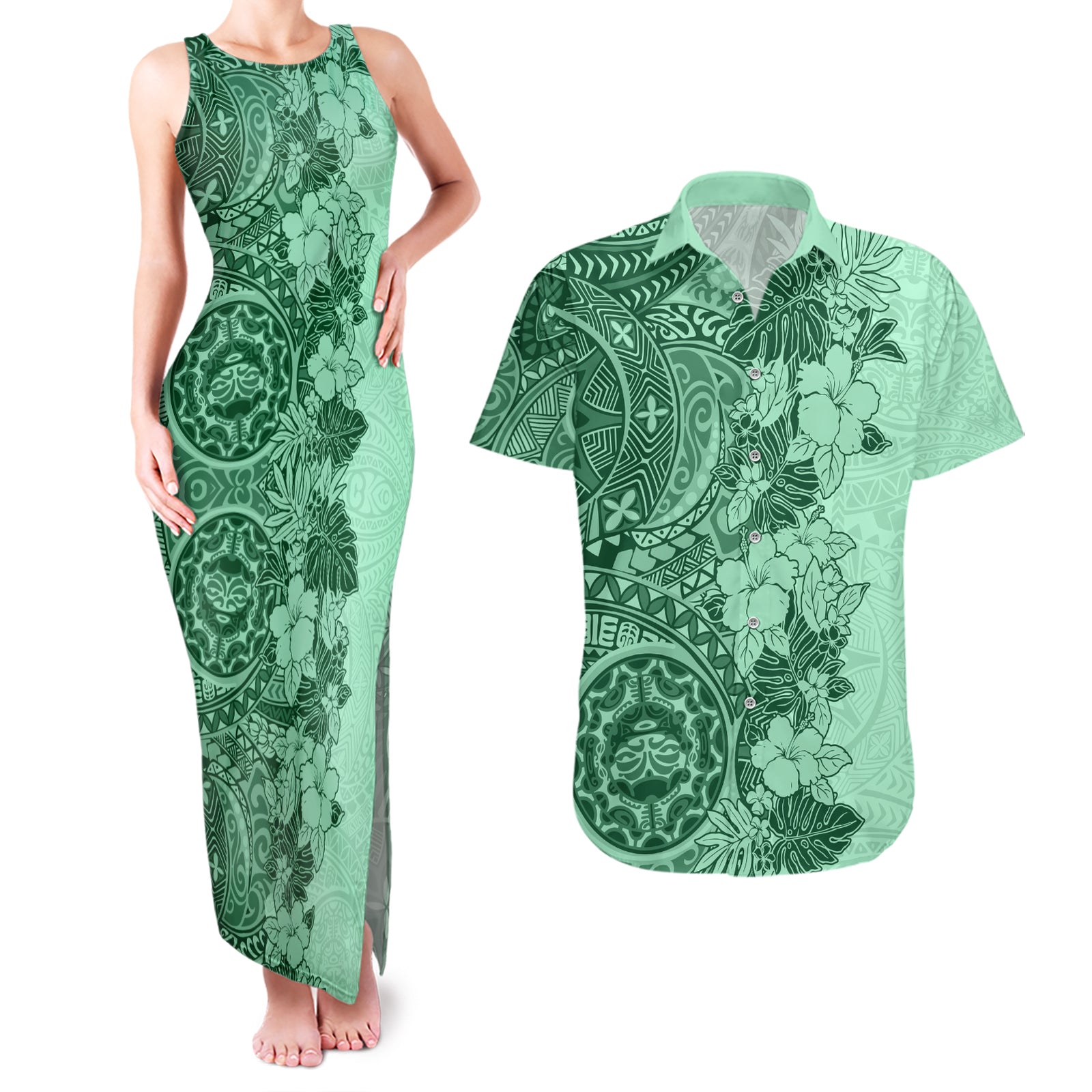 Polynesia Couples Matching Tank Maxi Dress and Hawaiian Shirt Hibiscus and Hawaiian Tribal Tattoo Retro Style Green Color LT9 Green - Polynesian Pride