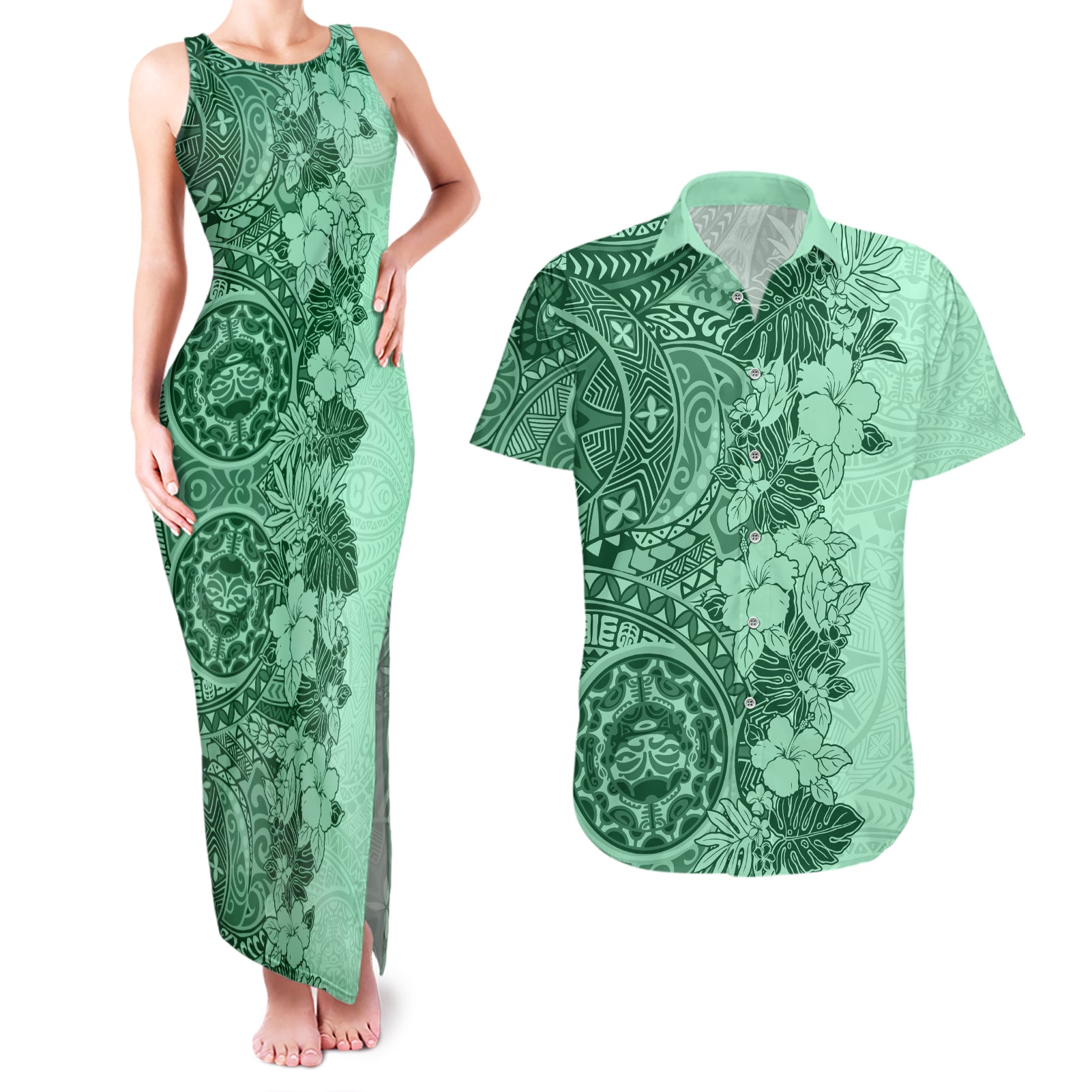 Polynesia Couples Matching Tank Maxi Dress and Hawaiian Shirt Hibiscus and Hawaiian Tribal Tattoo Retro Style Green Color LT9 Green - Polynesian Pride