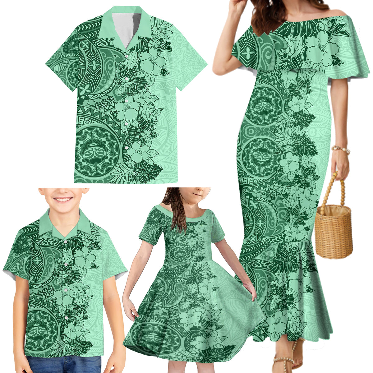 Polynesia Family Matching Mermaid Dress and Hawaiian Shirt Hibiscus and Hawaiian Tribal Tattoo Retro Style Green Color LT9 - Polynesian Pride