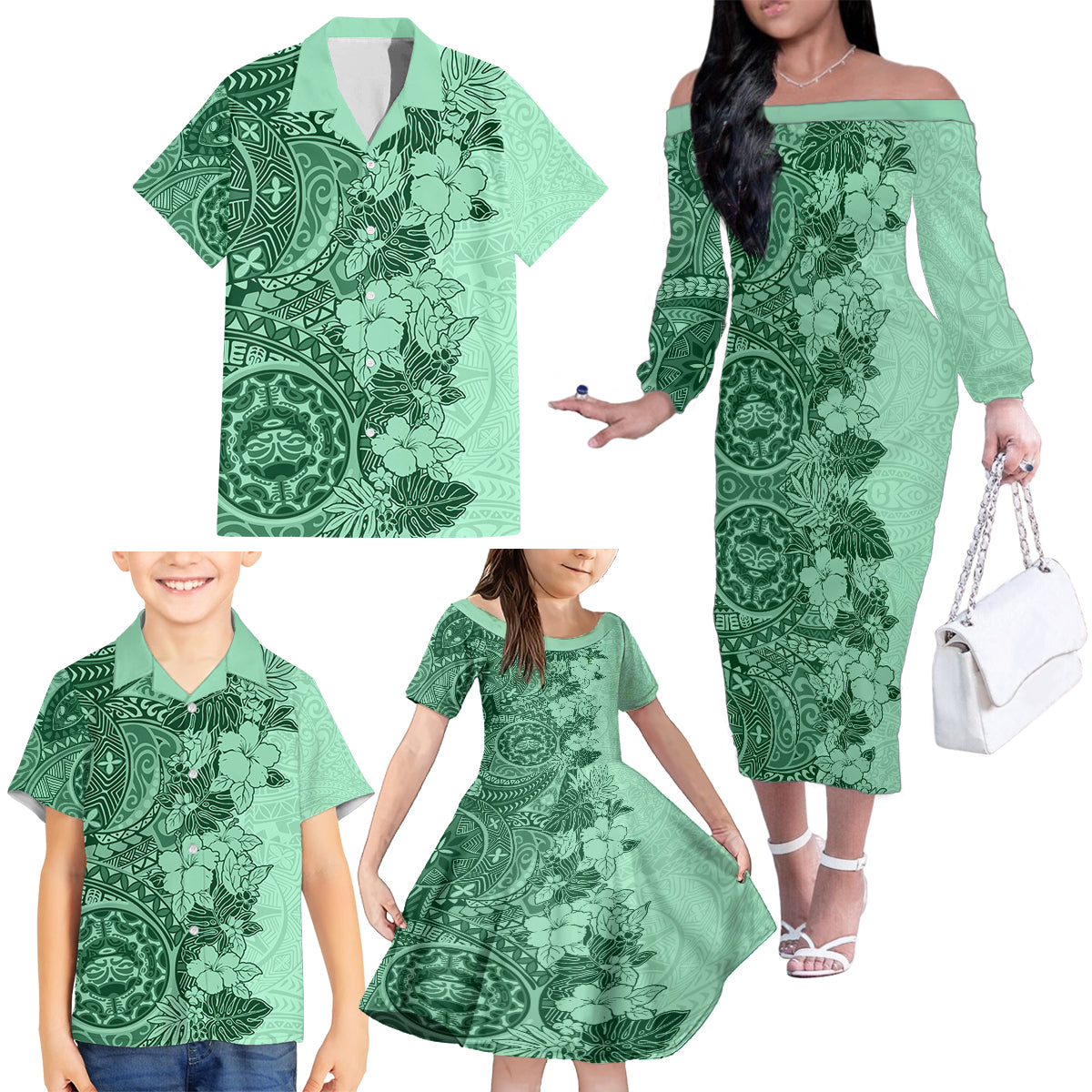 Polynesia Family Matching Off Shoulder Long Sleeve Dress and Hawaiian Shirt Hibiscus and Hawaiian Tribal Tattoo Retro Style Green Color LT9 - Polynesian Pride