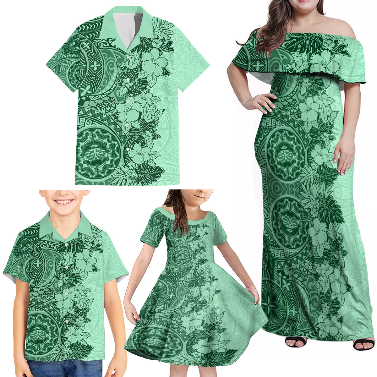 Polynesia Family Matching Off Shoulder Maxi Dress and Hawaiian Shirt Hibiscus and Hawaiian Tribal Tattoo Retro Style Green Color LT9 - Polynesian Pride