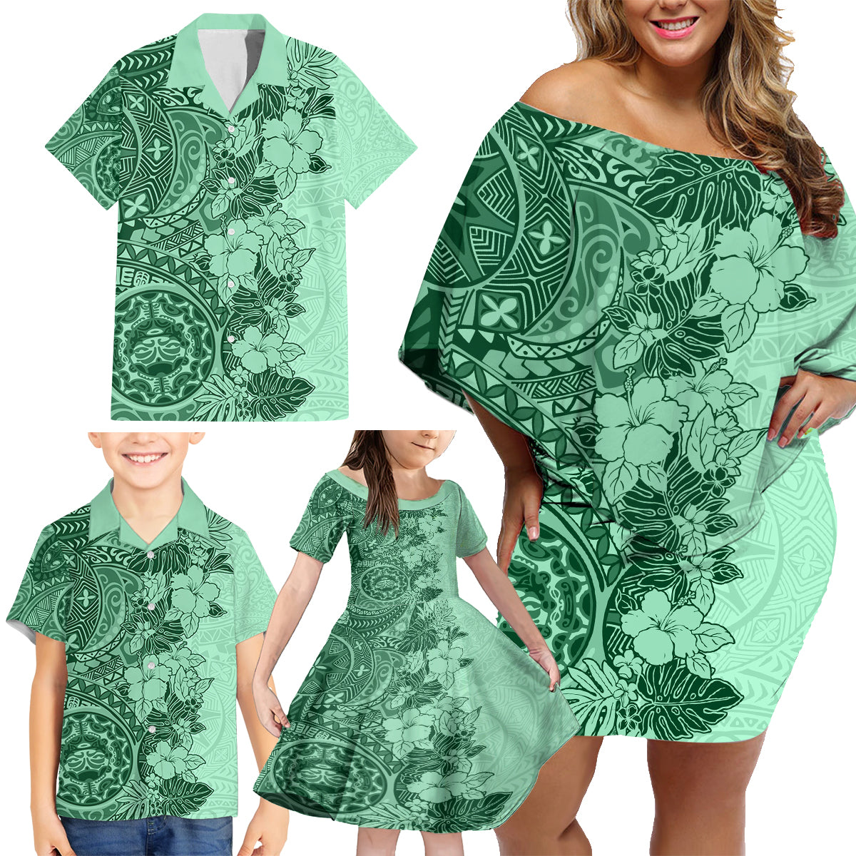 Polynesia Family Matching Off Shoulder Short Dress and Hawaiian Shirt Hibiscus and Hawaiian Tribal Tattoo Retro Style Green Color LT9 - Polynesian Pride