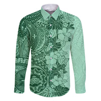 Polynesia Family Matching Puletasi Dress and Hawaiian Shirt Hibiscus and Hawaiian Tribal Tattoo Retro Style Green Color LT9 Dad's Shirt - Long Sleeve Green - Polynesian Pride