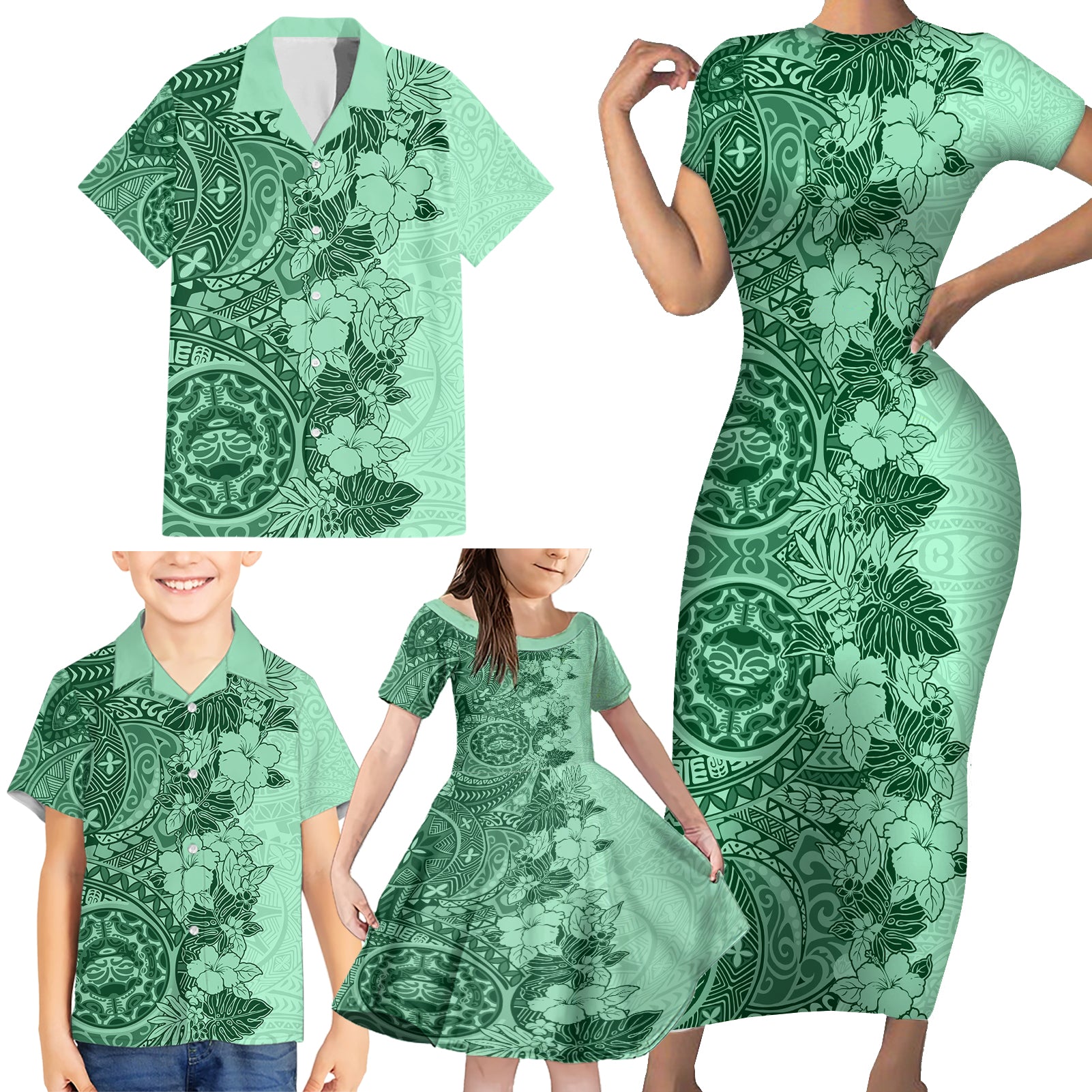 Polynesia Family Matching Short Sleeve Bodycon Dress and Hawaiian Shirt Hibiscus and Hawaiian Tribal Tattoo Retro Style Green Color LT9 - Polynesian Pride