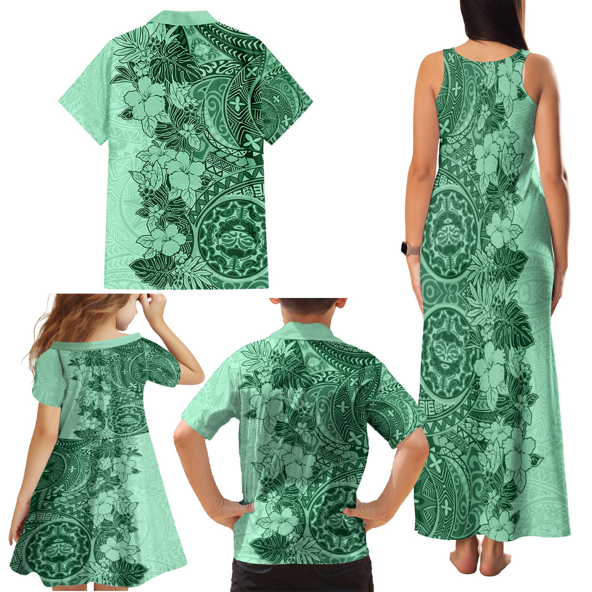 Polynesia Family Matching Tank Maxi Dress and Hawaiian Shirt Hibiscus and Hawaiian Tribal Tattoo Retro Style Green Color LT9 - Polynesian Pride