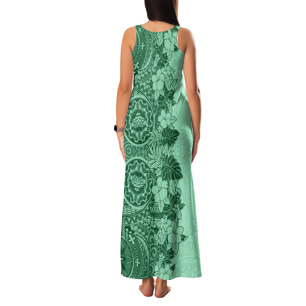Polynesia Family Matching Tank Maxi Dress and Hawaiian Shirt Hibiscus and Hawaiian Tribal Tattoo Retro Style Green Color LT9 - Polynesian Pride