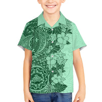 Polynesia Family Matching Tank Maxi Dress and Hawaiian Shirt Hibiscus and Hawaiian Tribal Tattoo Retro Style Green Color LT9 Son's Shirt Green - Polynesian Pride