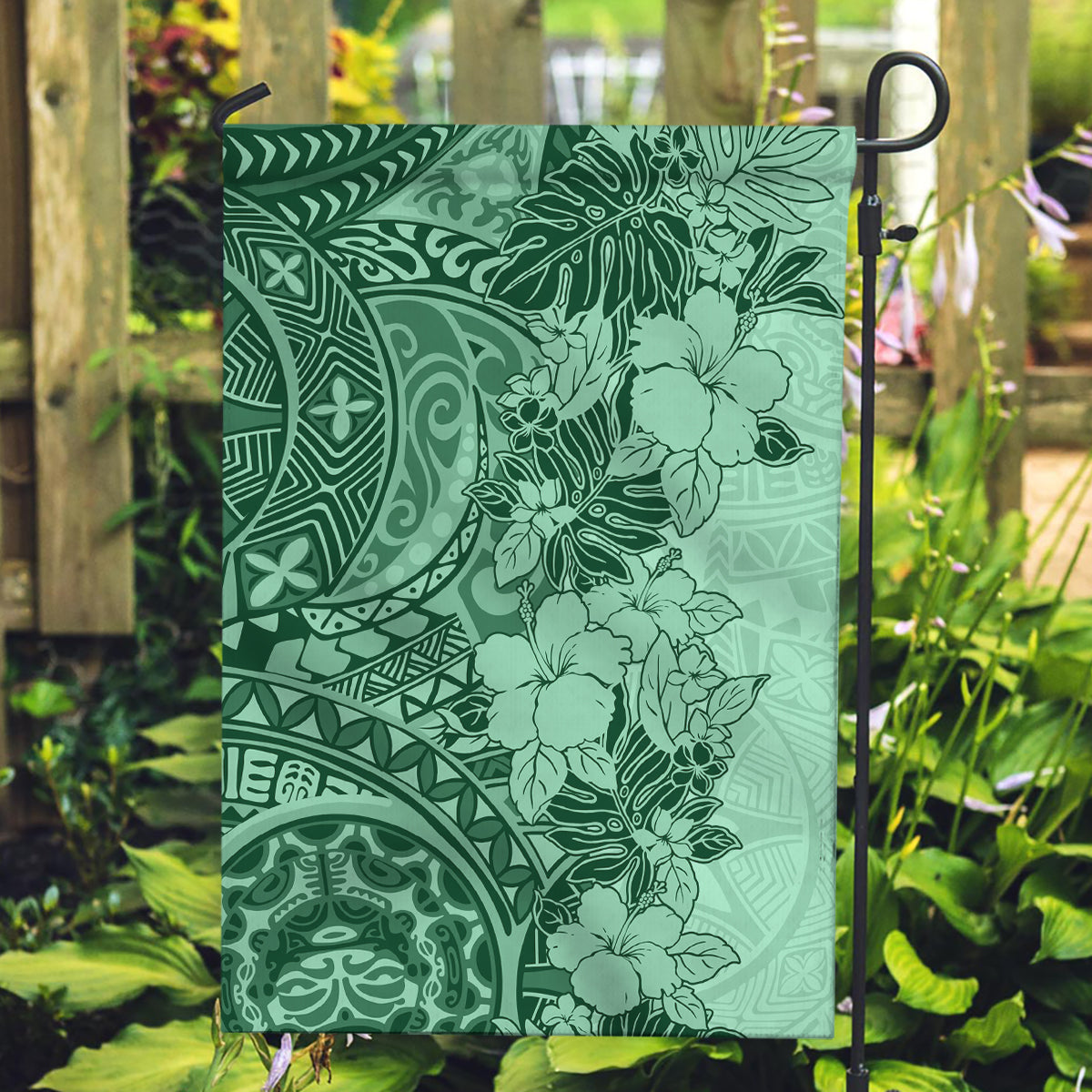 Polynesia Garden Flag Hibiscus and Hawaiian Tribal Tattoo Retro Style Green Color LT9 Garden Flag Green - Polynesian Pride