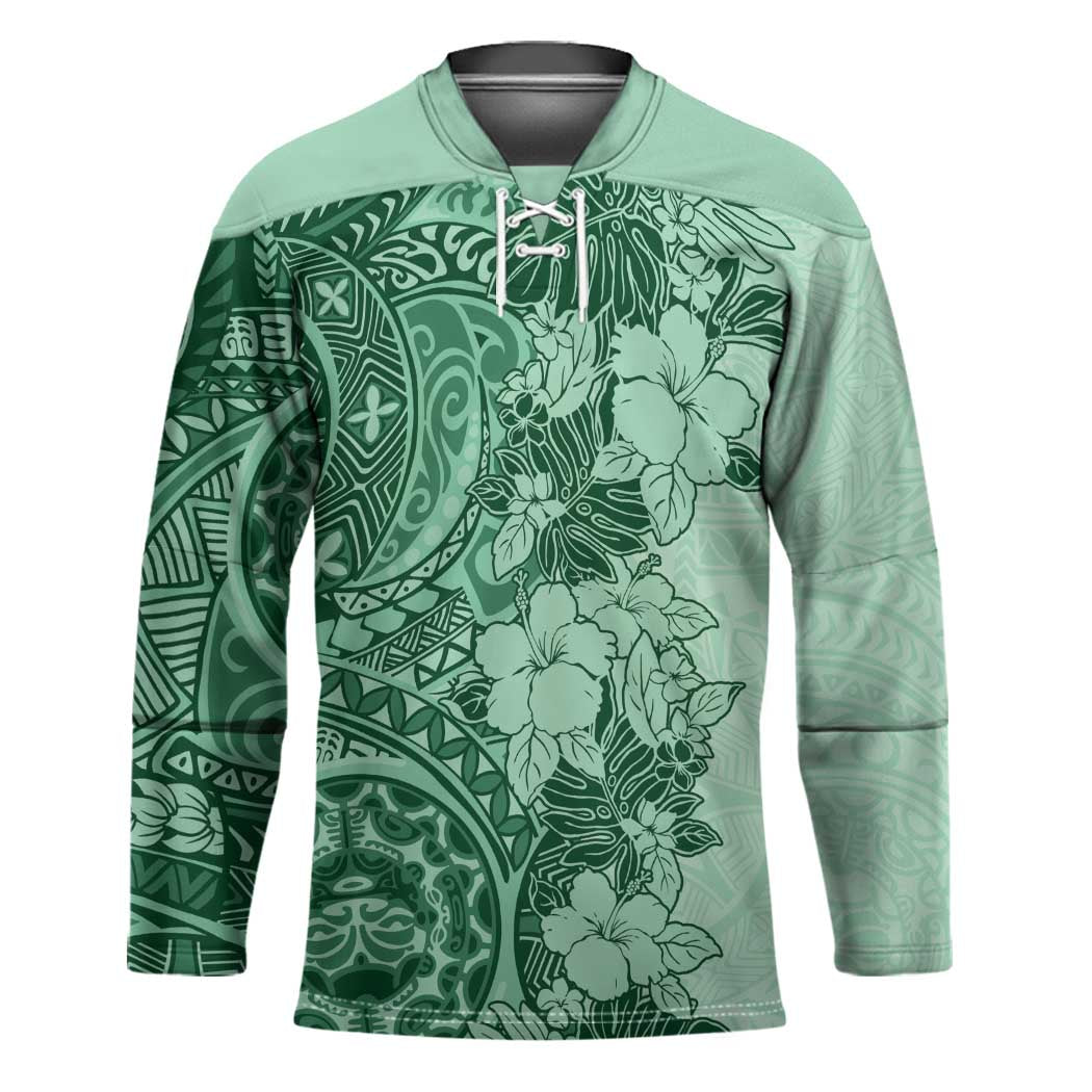 Polynesia Hockey Jersey Hibiscus Hawaiian Tribal Tattoo Retro Green - Polynesian Pride
