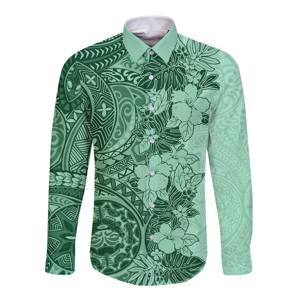 Polynesia Long Sleeve Button Shirt Hibiscus and Hawaiian Tribal Tattoo Retro Style Green Color LT9 Unisex Green - Polynesian Pride