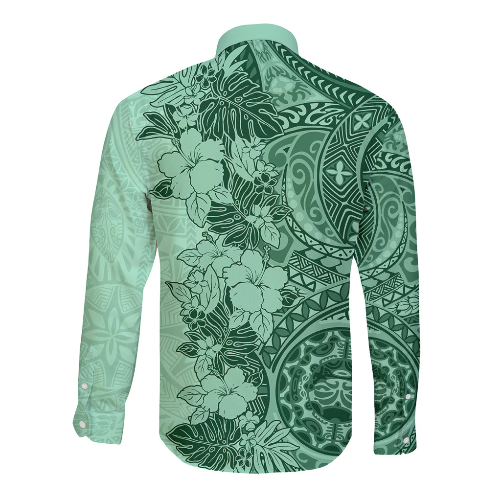 Polynesia Long Sleeve Button Shirt Hibiscus and Hawaiian Tribal Tattoo Retro Style Green Color LT9 - Polynesian Pride