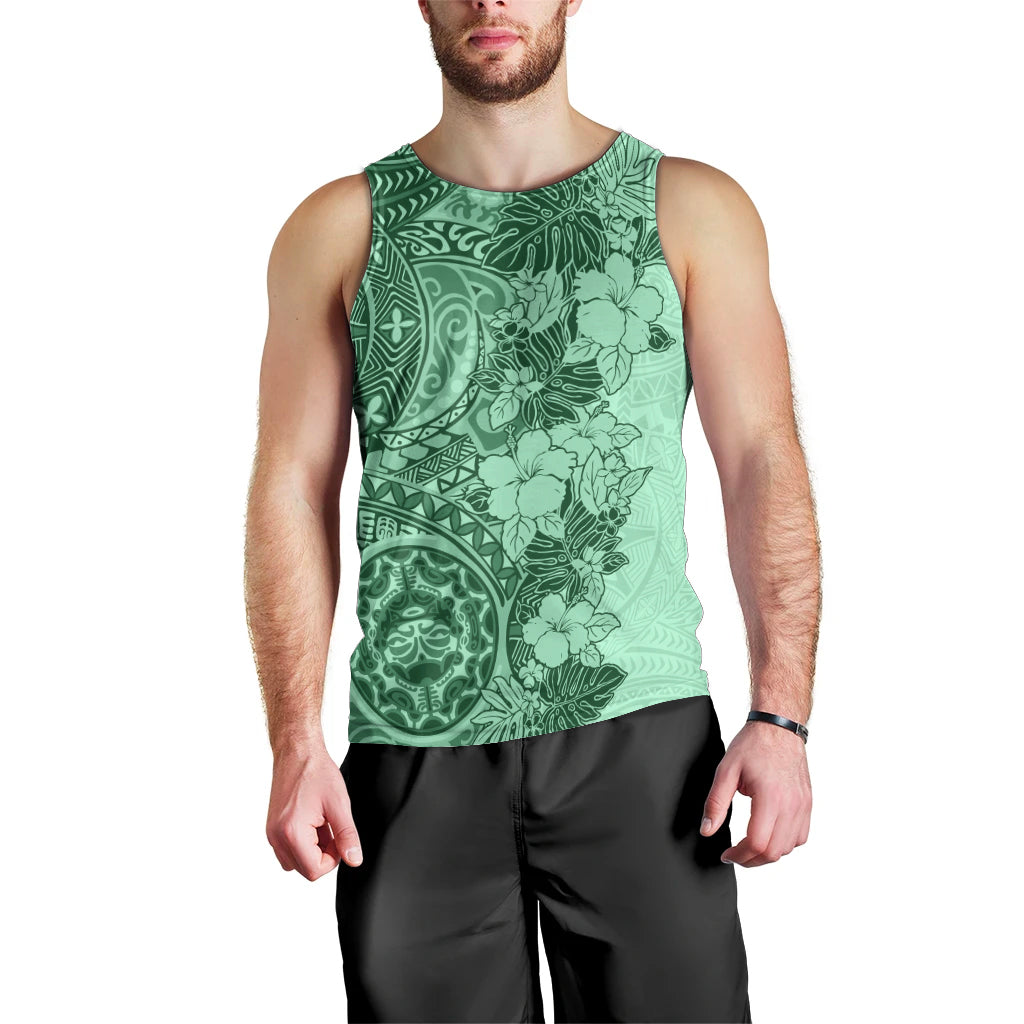 Polynesia Men Tank Top Hibiscus and Hawaiian Tribal Tattoo Retro Style Green Color LT9 - Polynesian Pride