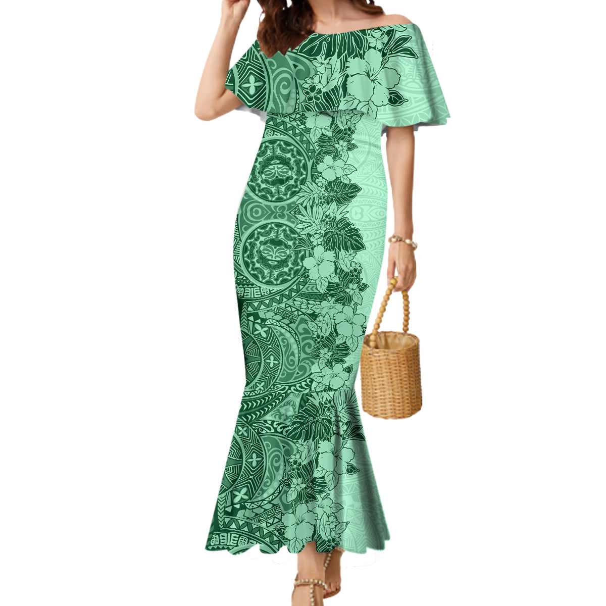 Polynesia Mermaid Dress Hibiscus and Hawaiian Tribal Tattoo Retro Style Green Color LT9 Women Green - Polynesian Pride