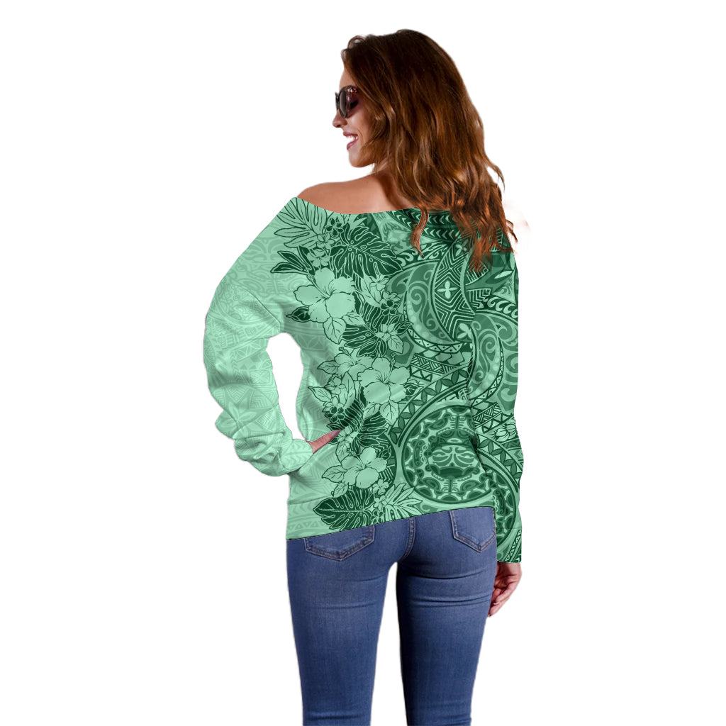 Polynesia Off Shoulder Sweater Hibiscus and Hawaiian Tribal Tattoo Retro Style Green Color LT9 - Polynesian Pride
