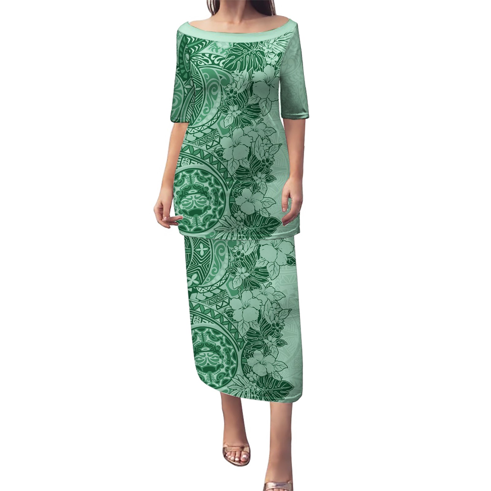 Polynesia Puletasi Hibiscus and Hawaiian Tribal Tattoo Retro Style Green Color LT9 Long Dress Green - Polynesian Pride