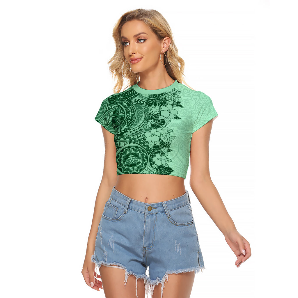 Polynesia Raglan Cropped T Shirt Hibiscus and Hawaiian Tribal Tattoo Retro Style Green Color LT9 Female Green - Polynesian Pride